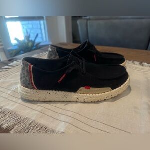 Hey Dude Black Loafers with Tan and Red Details